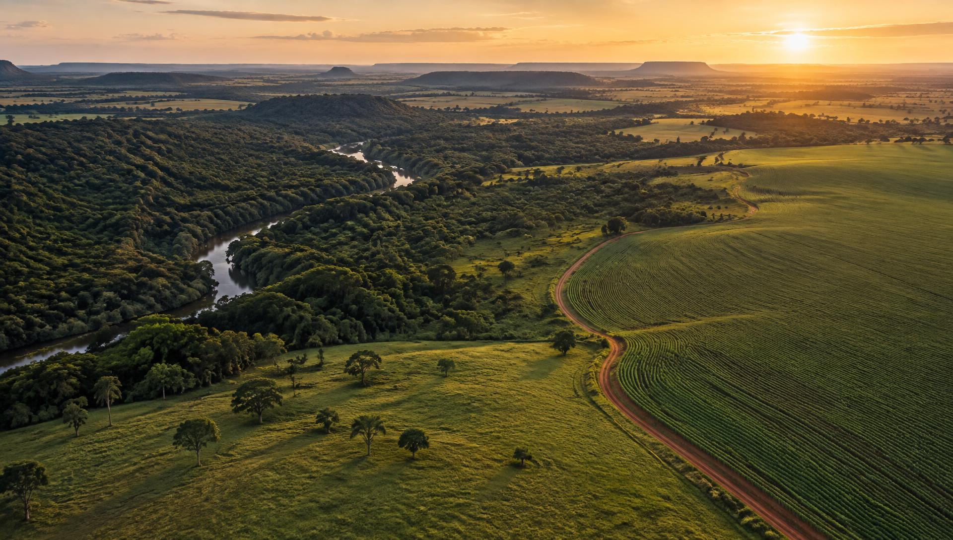 Vista aérea de lavoura, pastagem e vegetação nativa em uma propriedade rural brasileira