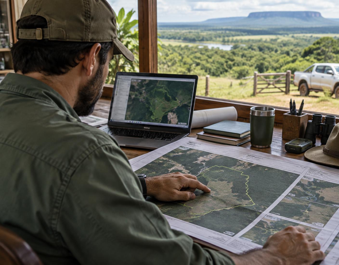 Profissional analisando mapas e limites de uma propriedade rural
